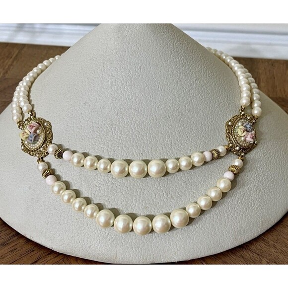 Vtg 1928 Faux Pearl Porcelain Rose Cameos Choker Necklace Victorian Revival - Picture 1 of 9